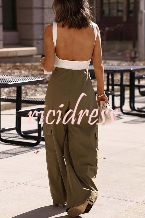 Great Week Pleated Elastic Waist Zipper Pocket Wide Leg Cargo Pants