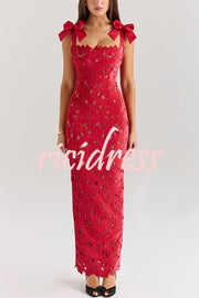 Holiday Intimacy Embroidered Floral Lace Bow Shoulder Straps Slit Maxi Dress