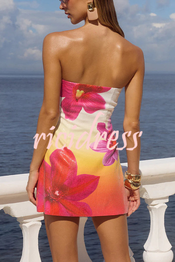 Beach Club Sequin Unique Flowers Print Strapless Stretch Mini Dress