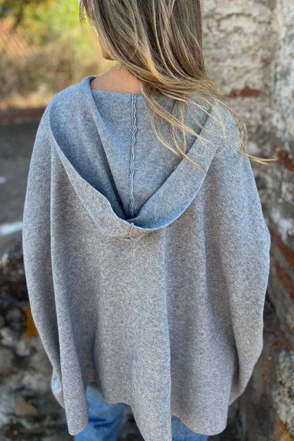 Solid Color Casual Hooded Single Button Pocket Loose Cape Jacket