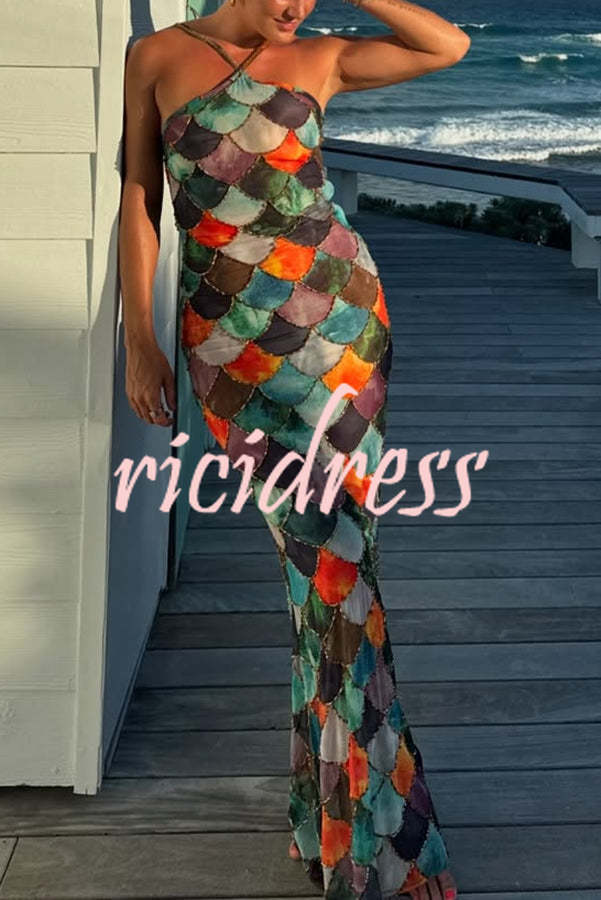 Little Mermaid Colorful Scales Print Halter Maxi Dress