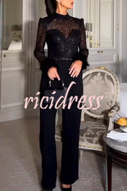Aerie Sequin Embellished Mock Neck Long Sleeve Feather Cuff Flare Jumpsuit