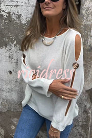 Solid Color Round Neck Hollow Long Sleeve Loose Knitted Sweater