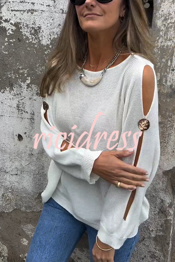 Solid Color Round Neck Hollow Long Sleeve Loose Knitted Sweater