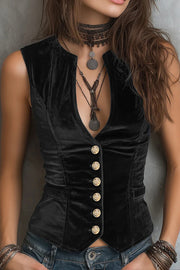 Solid Color Velvet Sleeveless Fitted Button Vest