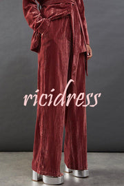 Solid Color Velvet Long-sleeved Waist Tie Top and Elastic Waist Casual Pocket Straight-leg Pants Set