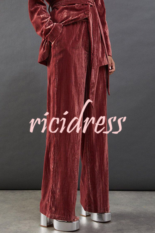 Solid Color Velvet Long-sleeved Waist Tie Top and Elastic Waist Casual Pocket Straight-leg Pants Set