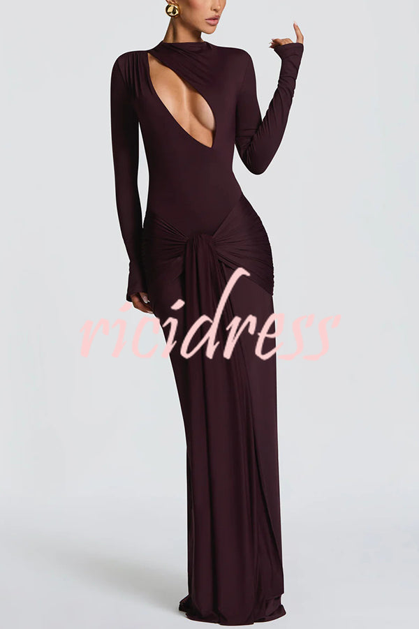 Sexy Cutout Fitted Long-sleeved Pleated Satin Ribbon Maxi Dresses
