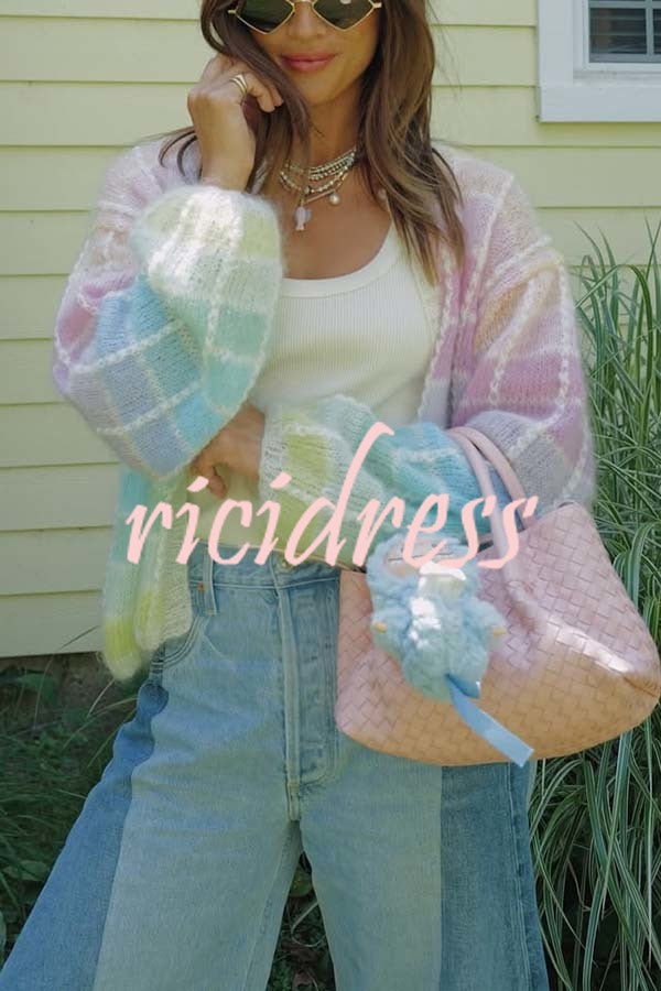 Palette Day Knit Color Blocks Open Front Balloon Sleeve Loose Cardigan