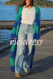 Fashionable Contrast Stripes Lazy Style Loose Long Knitted Cardigan