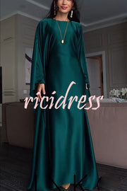 Dignified and Elegant Satin Batwing Sleeve with Waist Tie Design A-line Maxi Dress