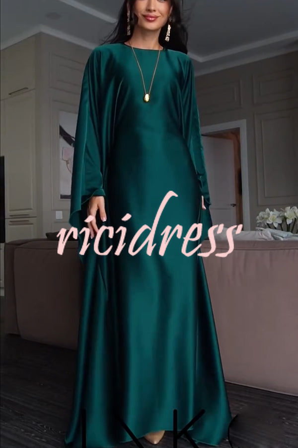 Dignified and Elegant Satin Batwing Sleeve with Waist Tie Design A-line Maxi Dress