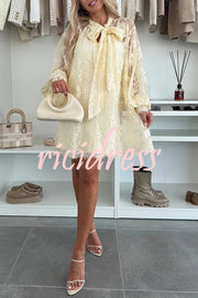 Night Rose Lace Bow Neck Long Balloon Sleeve A-line Mini Dress