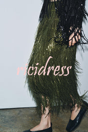 Stylish Sequined Tassel Elegant Midi Skirt