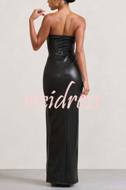 Sexy Meaning Faux Leather Strapless Bandeau Split Maxi Dress