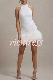 Dazzling and Playful Sequin High Neck Feather Trim Stretch Mini Dress