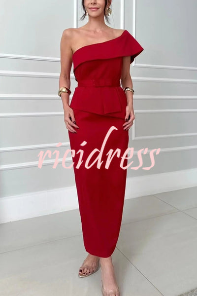 Sweet Party One Shoulder Lapel Neck Sleeveless Bow Belt Pencil Midi Dress