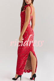 Holiday Intimacy Embroidered Floral Lace Bow Shoulder Straps Slit Maxi Dress