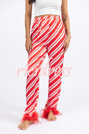 Christmas Party Striped Print Pocket Feather Elastic Waist Pajama Set