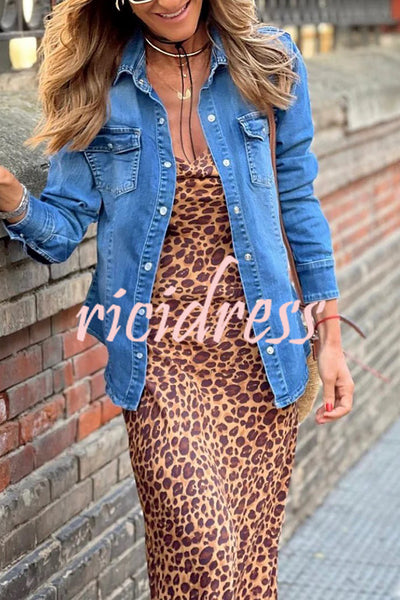 Lapel Single Breasted Pocket Denim Long Sleeve Top