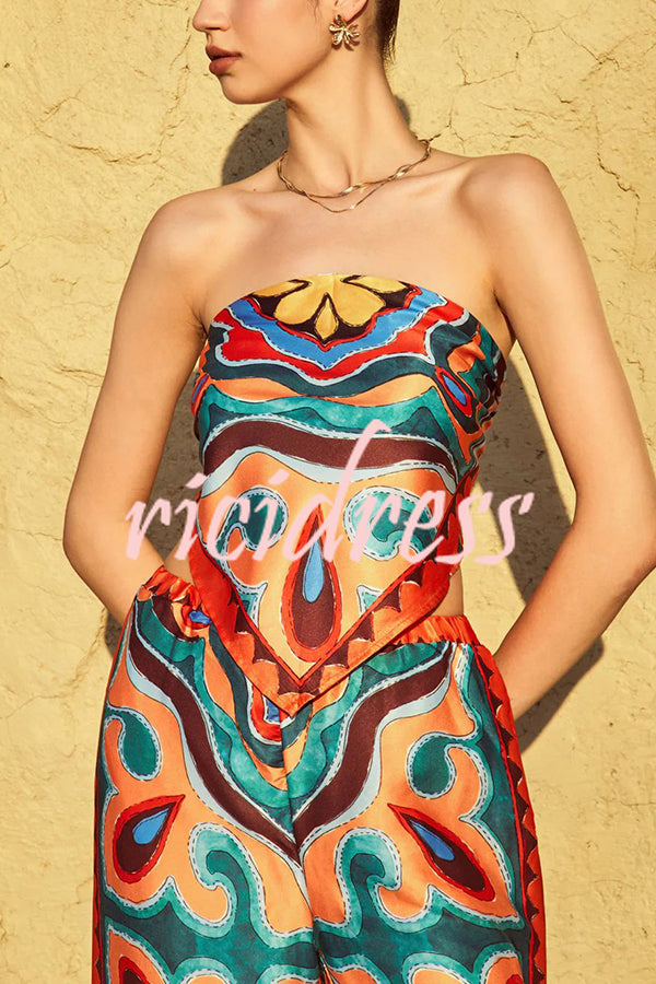 Ethnic Style Unique Print Tube Top and Elastic Waist Casual Pocket Wide Leg Pants Set