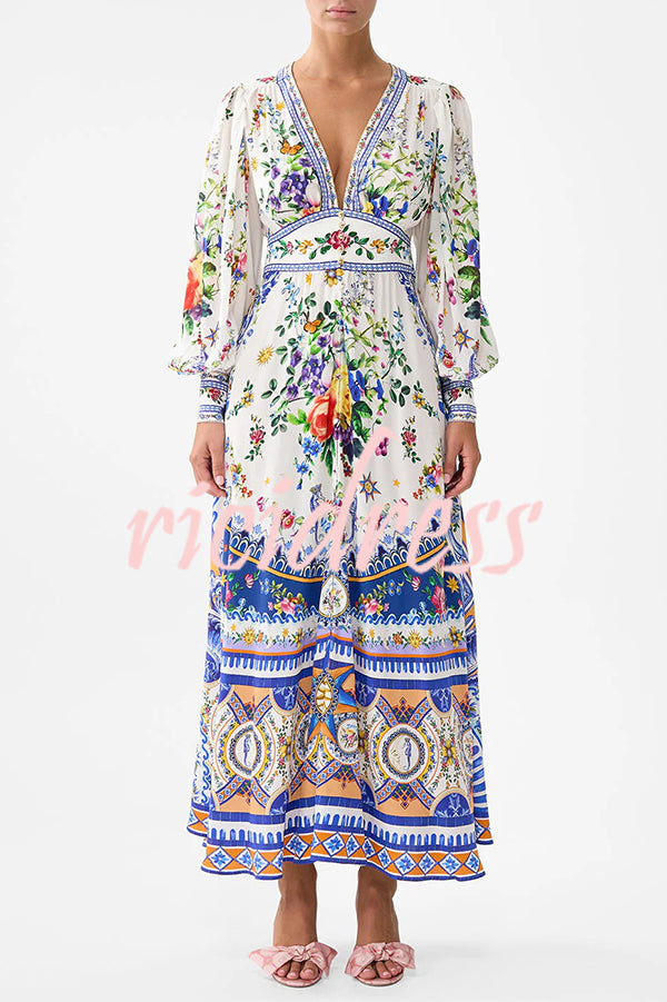Fairy Tale Print V-Neck Lantern Sleeve Waist Maxi Dress