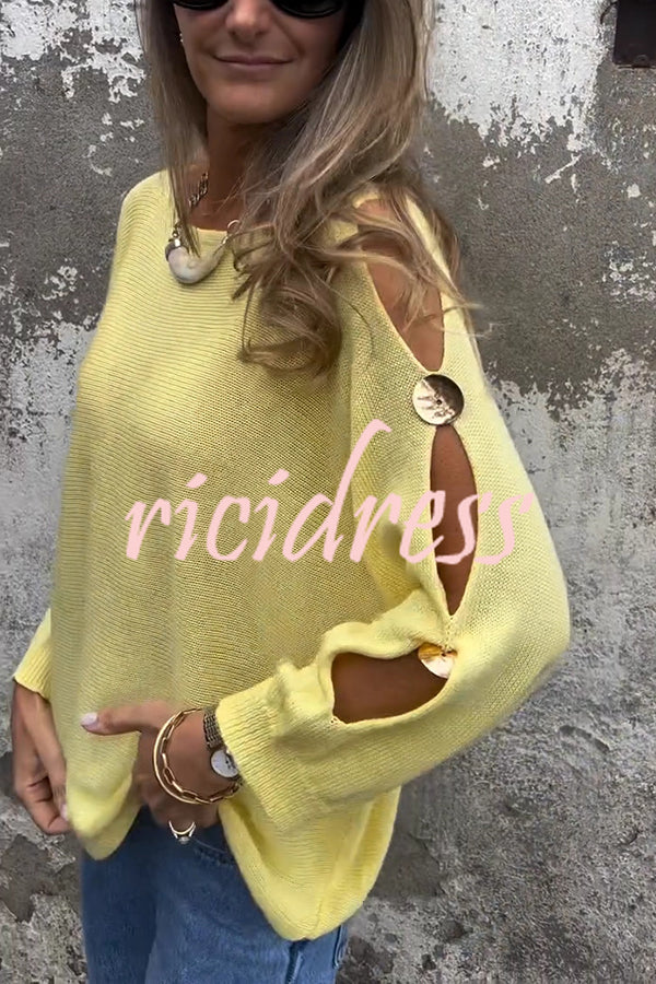 Solid Color Round Neck Hollow Long Sleeve Loose Knitted Sweater