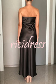 Satin Solid Color Elegant Strapless Slim Maxi Dress