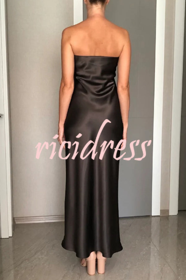 Satin Solid Color Elegant Strapless Slim Maxi Dress