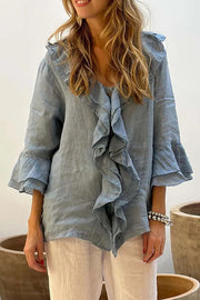 Solid Color V-neck Ruffled Casual Loose Top