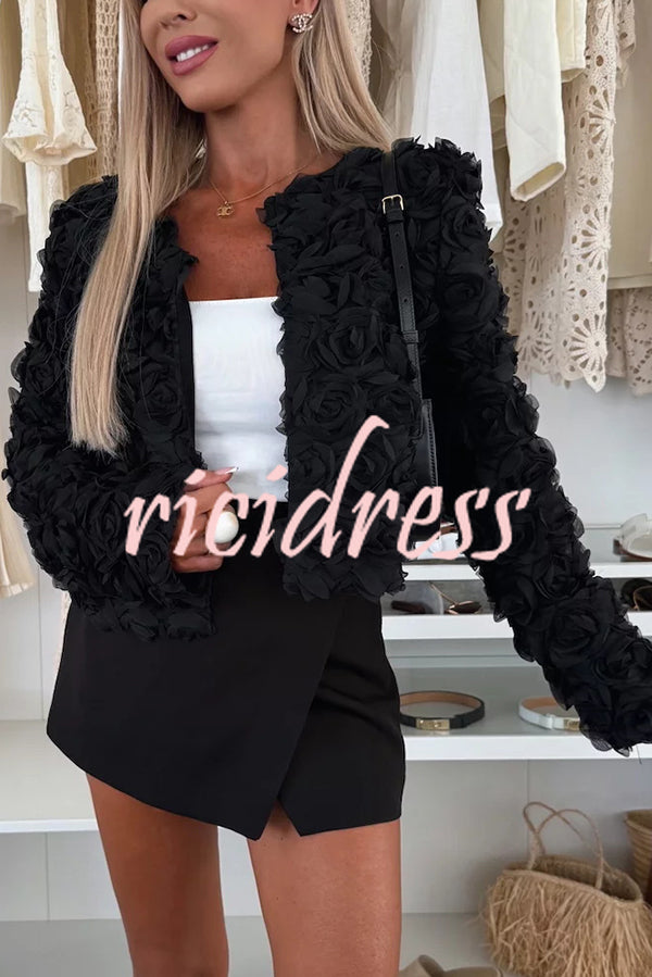Fashionable Three-dimensional Flower Casual Long-sleeved Cropped Jacket