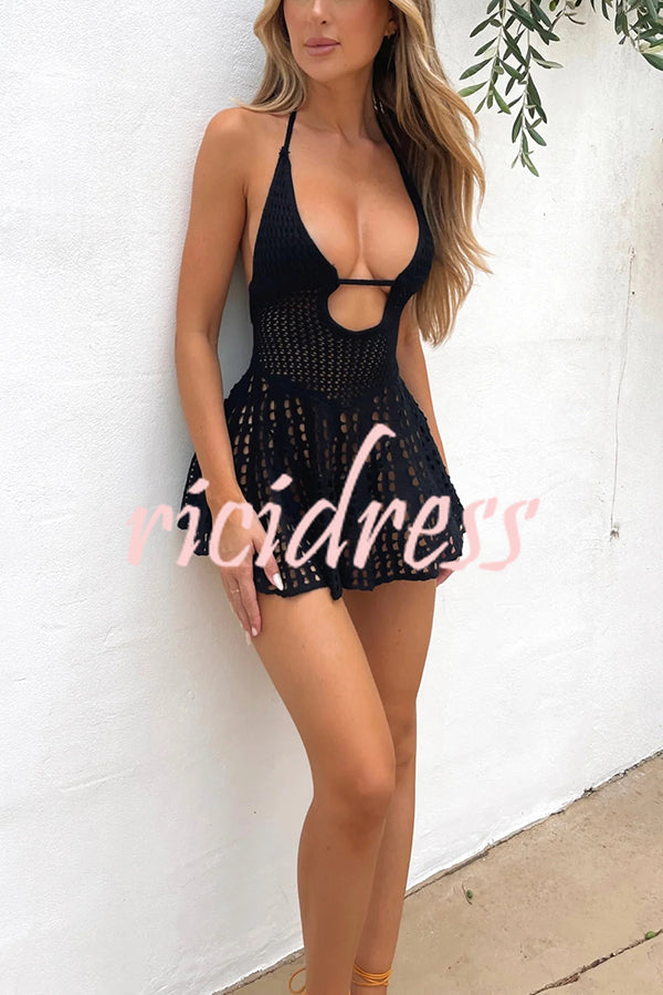 Solid Color Sexy Knitted Hollow Beach Mini Dress
