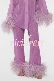 Glitter Fabric Feather Trim Long Sleeve Button Top and Elastic Waist Loose Straight Pants Set