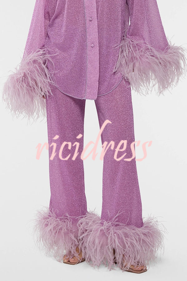 Glitter Fabric Feather Trim Long Sleeve Button Top and Elastic Waist Loose Straight Pants Set