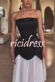 Jiya Satin Petal Hem Pearl Detail Chiffon Cape Strapless Maxi Dress