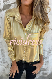 Holiday Look Solid Metallic Loose Pocket Button-down Blouse