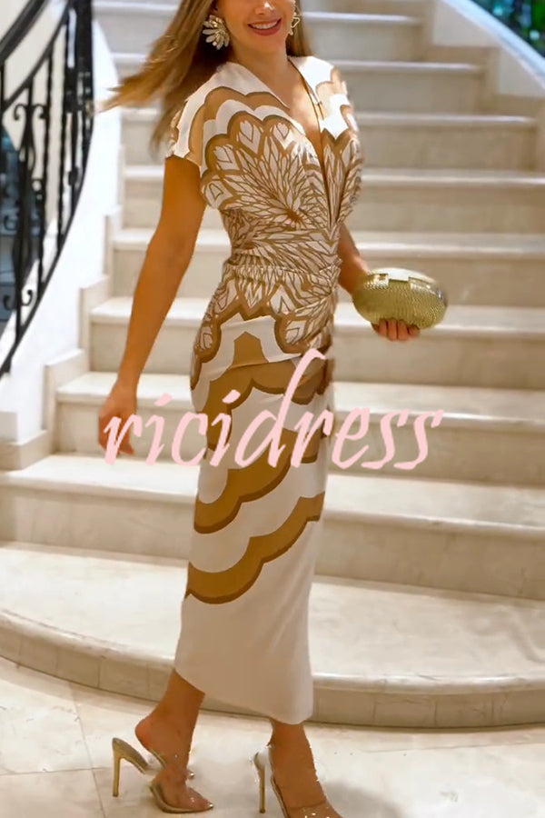Feona Satin Unique Print V-neck Wide Sleeve Ruched Waist Slit Midi Dress