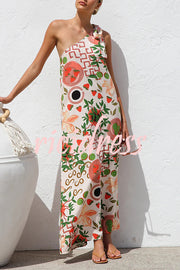 Botanical Print Elegant Strappy One-shoulder Resort Maxi Dress