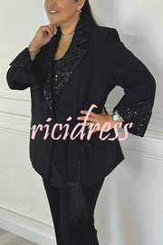 Social Time Embroidered Sequin Patchwork Tassel Belt Detail Lapel Party Blazer