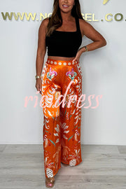 Satin Plant Print Elastic Waist Loose Wide Leg Pants