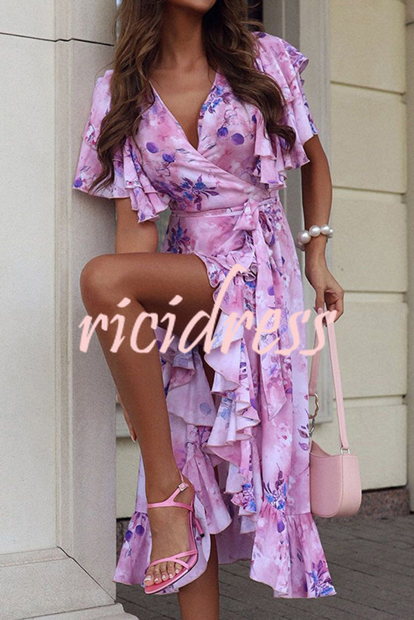 Unique Printed V-neck Ruffled Loose Midi Dress