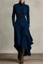 Solid Color High-neck Long-sleeved Irregular Casual Maxi Dress