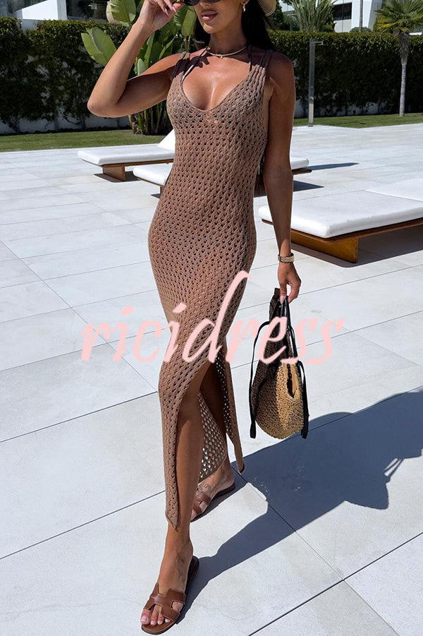 Solid Color V-neck Hollow Beach Knitted Cover-up Midi Dress