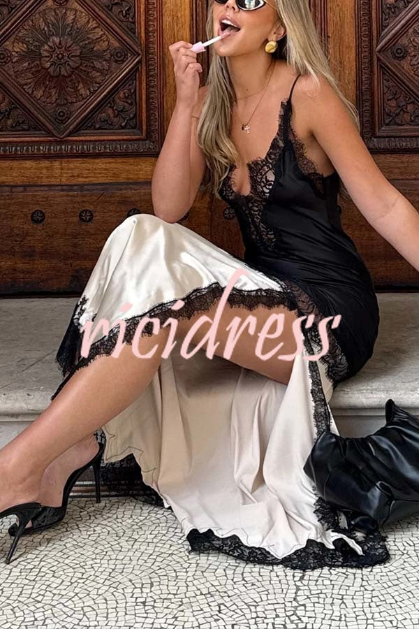 Soft and Romantic Satin Lace Trim Colorblock V-neck Side Slit Maxi Dress