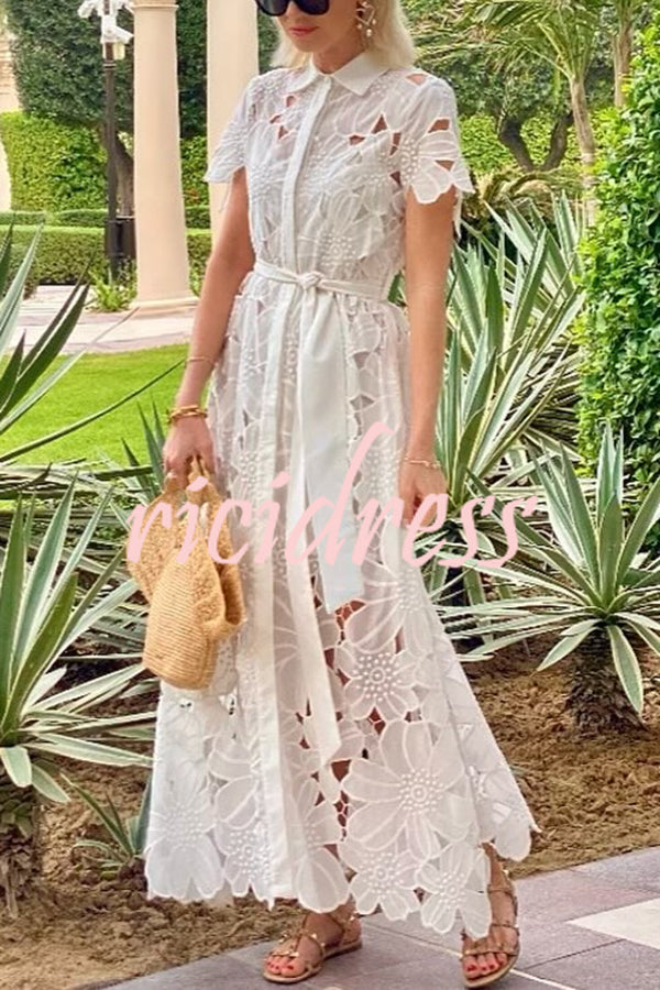 Dubai Style Floral Crochet Lace Short Sleeve Tie-up Shirt Maxi Dress