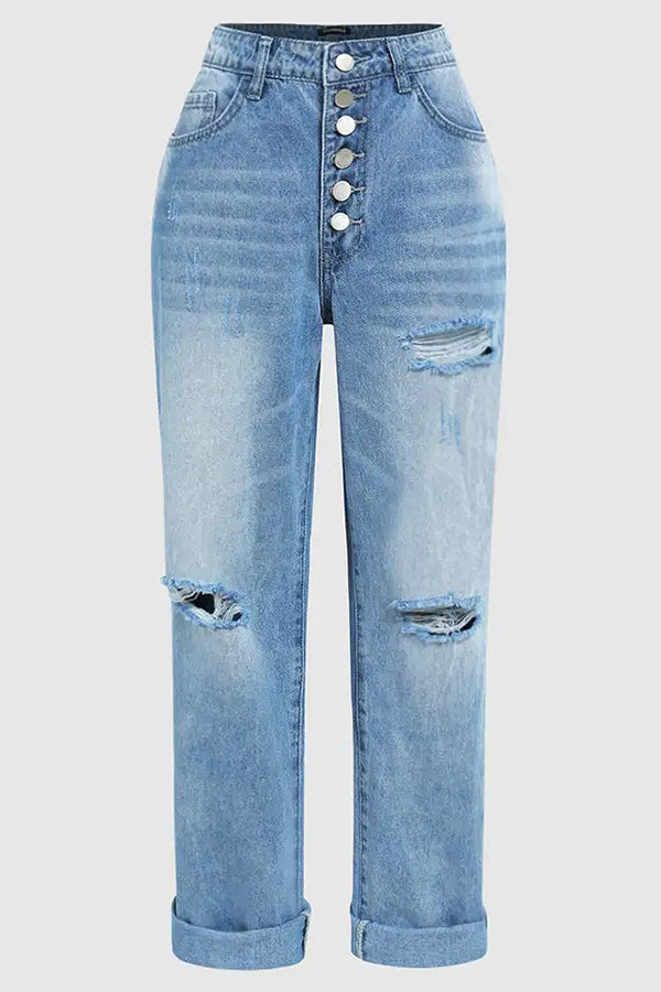 Stylish Ripped Low-rise Button Pocket Baggy Straight-leg Jeans