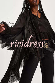 Flowy See-through Ruffle Tie-up Neck Bell Sleeve High-low Hem Cape Shirt