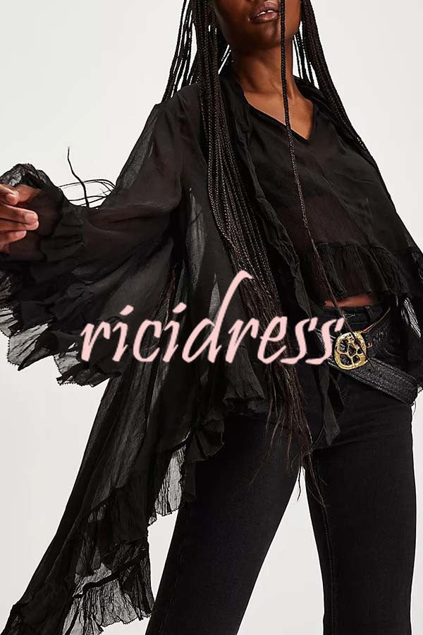 Flowy See-through Ruffle Tie-up Neck Bell Sleeve High-low Hem Cape Shirt