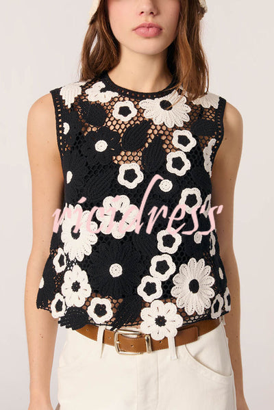Fashionable Embroidered Hollow Crochet Sleeveless Round Neck Knitted Vest