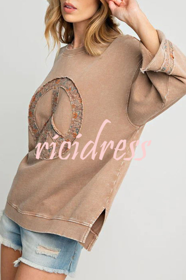 Peace Embroidered Round Neck Long Sleeve Sweatshirt